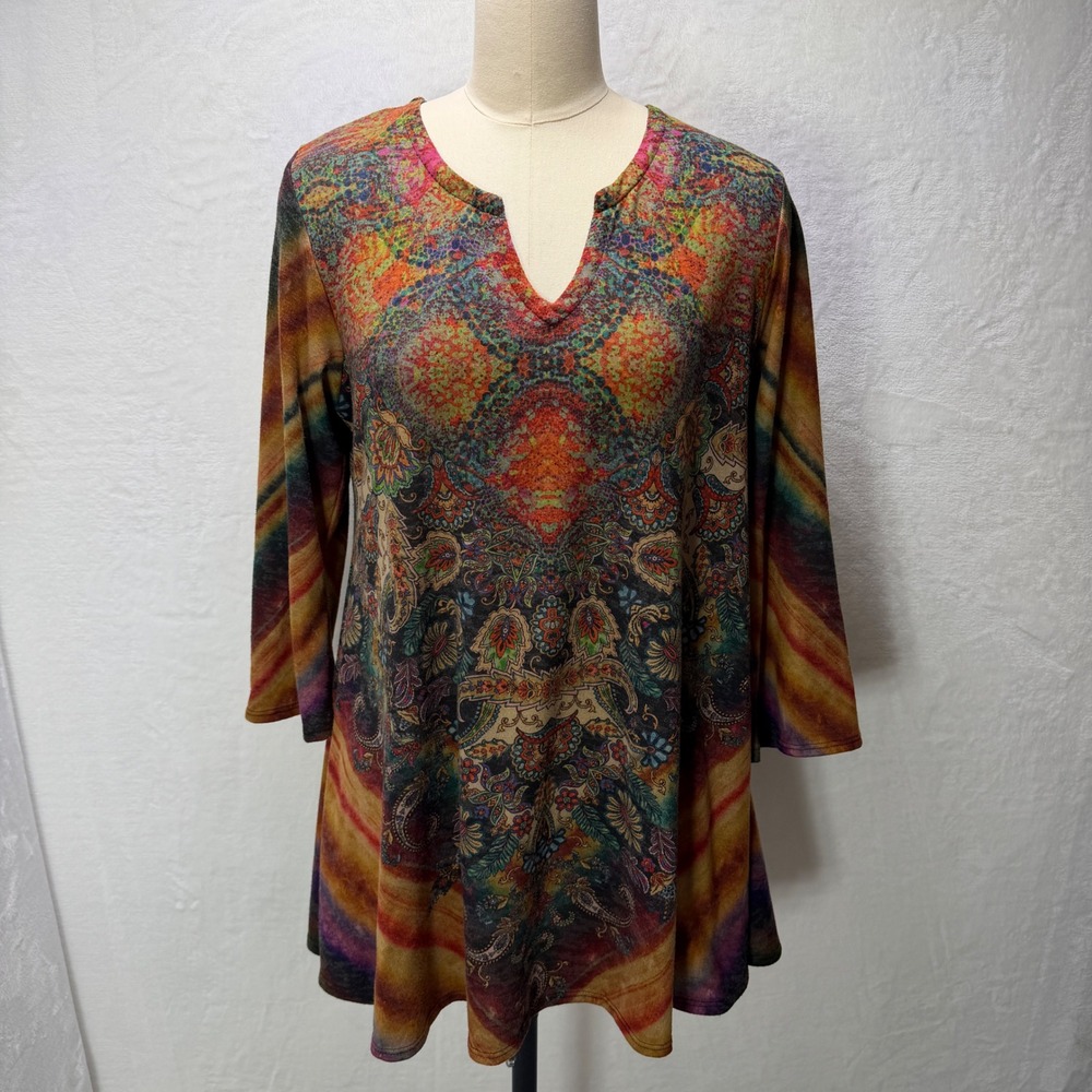 Amma Large Tunic Top Multicolor Paisley Mandala Tie Dye Boho A-Line Knit Womens